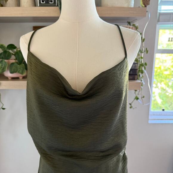 Olive Green Ellie Ruched Mini Dress Large Crisscross Back Cowl Neck Fashion Nova - Picture 3 of 10